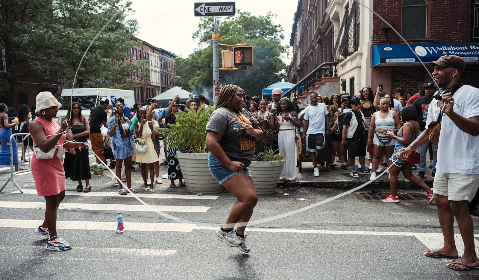 Joyful Brooklyn block party with community members celebrating outdoors